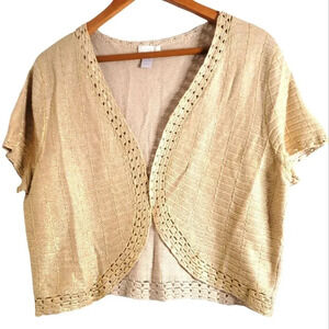 Chico's  size 2 cream gold crochet tight knit cropped sweater cardigan women's